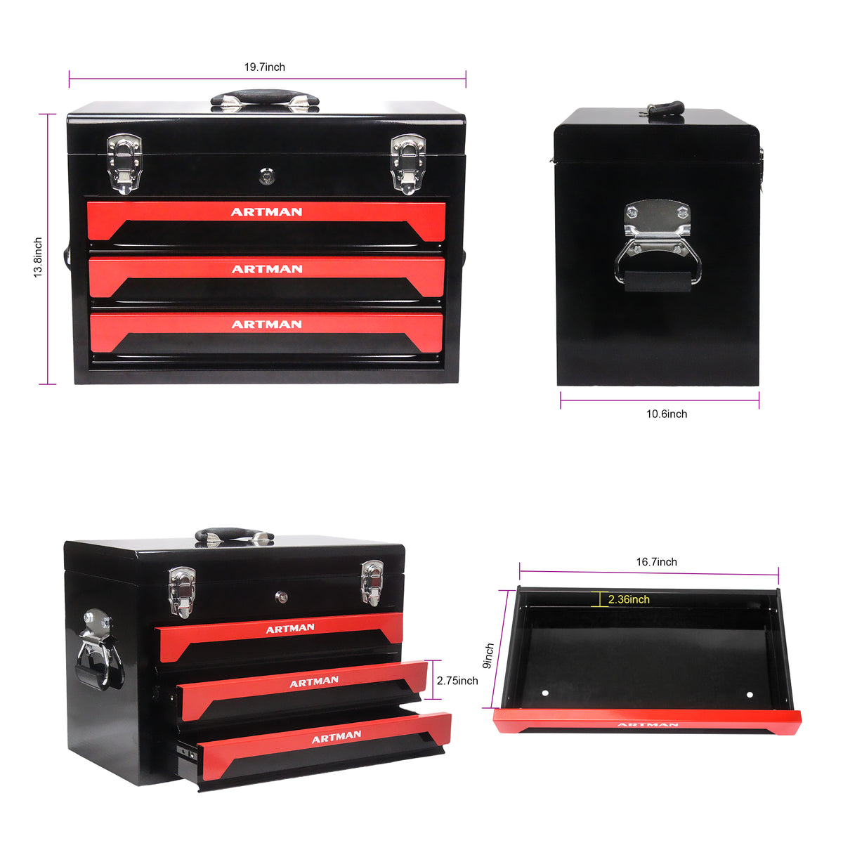 Industrial Steel 3 Drawers Tool Box Heavy Duty Black Cabinet