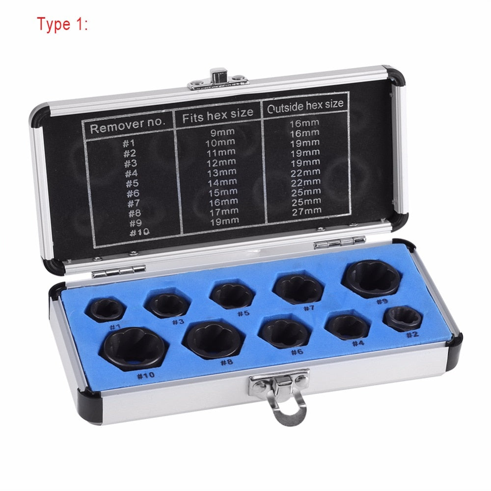 10 Piece Damaged Bolt Nut Screw Remover Extractor Socket Removal Tool Kit