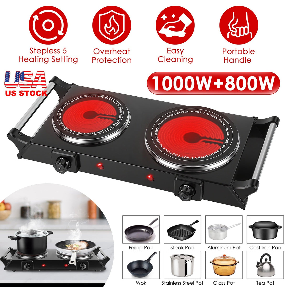 1800W Portable Double Burner Electric Hot Plate – Compact 2-Burner Cooktop for RV, Camping & Small Spaces