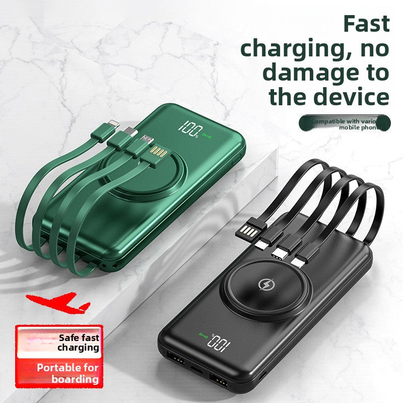 Compact Power Bank With Built In Cables And 10000 Mah Wireless Charging