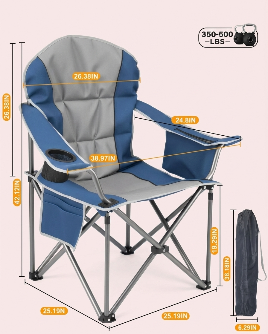 Heavy-Duty Folding Camping Chair – 500 lb Capacity with Cooler Bag & Cup Holder