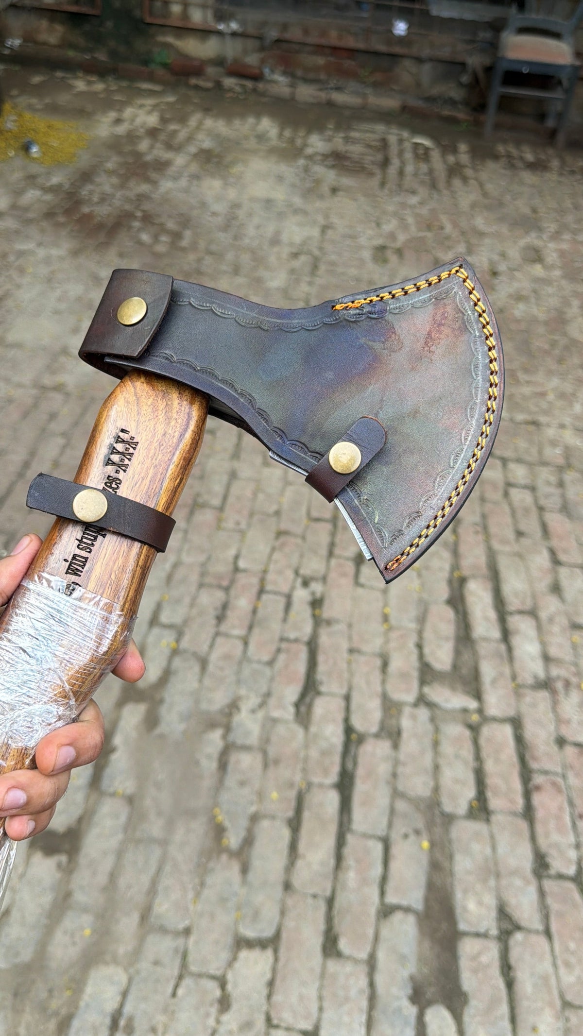 Hand-Forged Damascus Bearded Viking Camp Axe – Curved Hardwood Handle & Leather Sheath