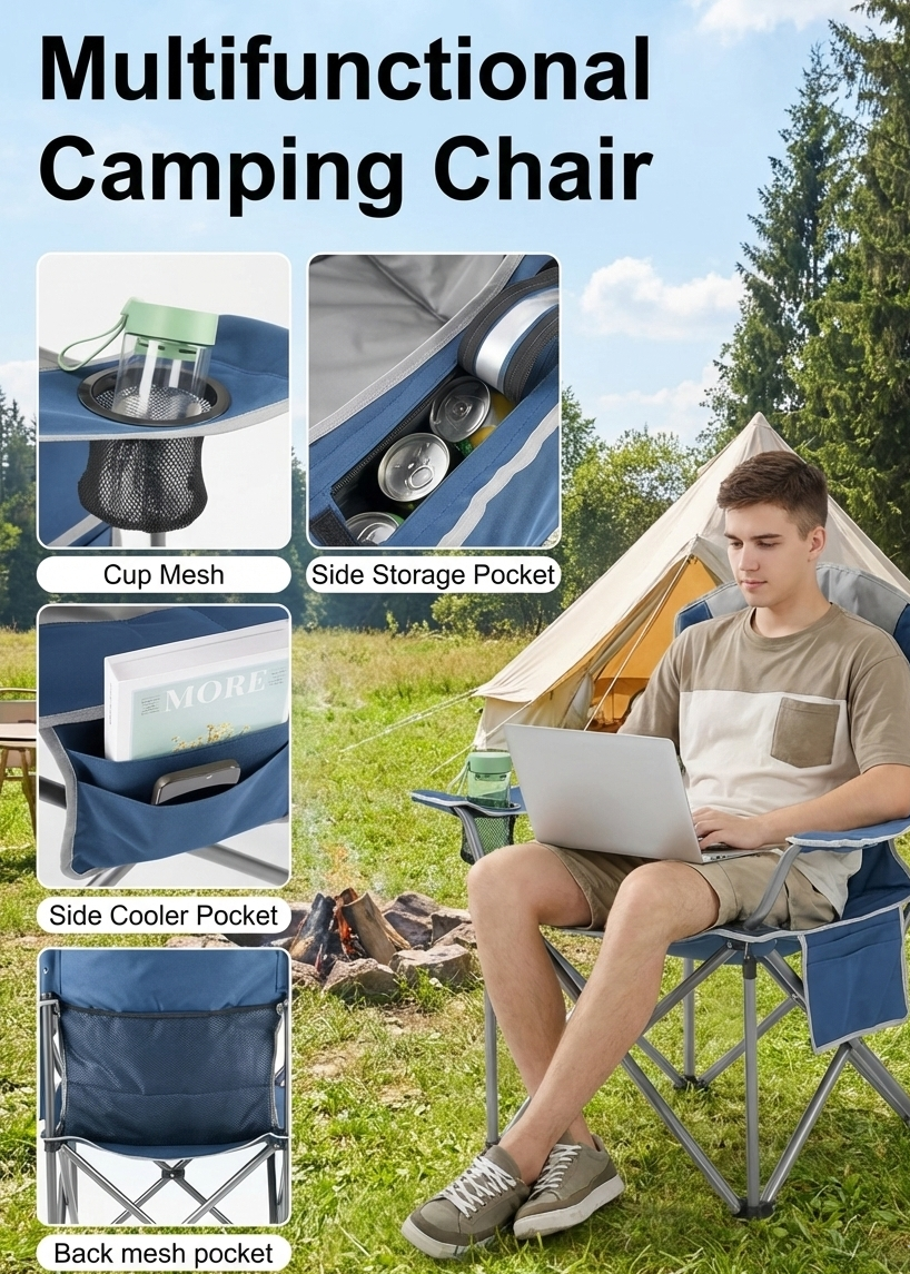 Heavy-Duty Folding Camping Chair – 500 lb Capacity with Cooler Bag & Cup Holder
