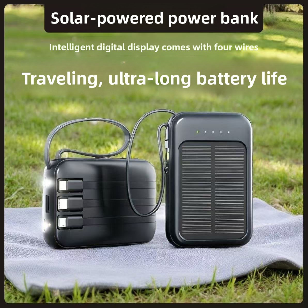 Solar Power Bank 20000mAh With Built In Cable Portable Charger