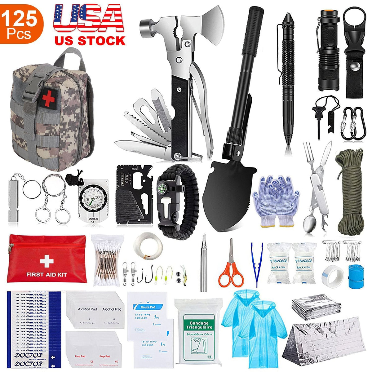 125Pcs Professional Survival Kit Emergency Gear For Camping Hiking