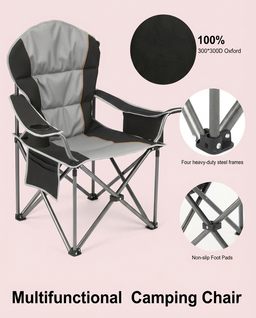 Heavy-Duty Folding Camping Chair – 500 lb Capacity with Cooler Bag & Cup Holder