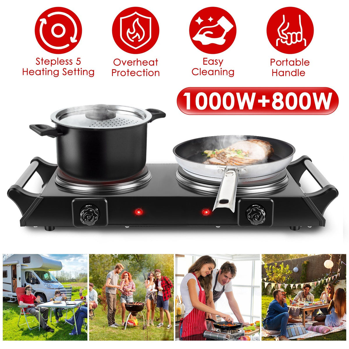 1800W Portable Double Burner Electric Hot Plate – Compact 2-Burner Cooktop for RV, Camping & Small Spaces