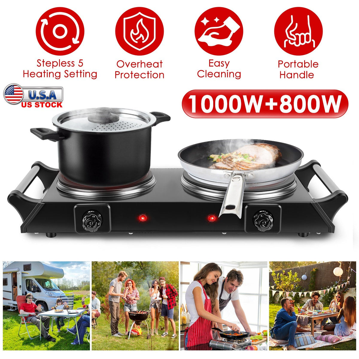 1800W Portable Double Burner Electric Hot Plate – Compact 2-Burner Cooktop for RV, Camping & Small Spaces