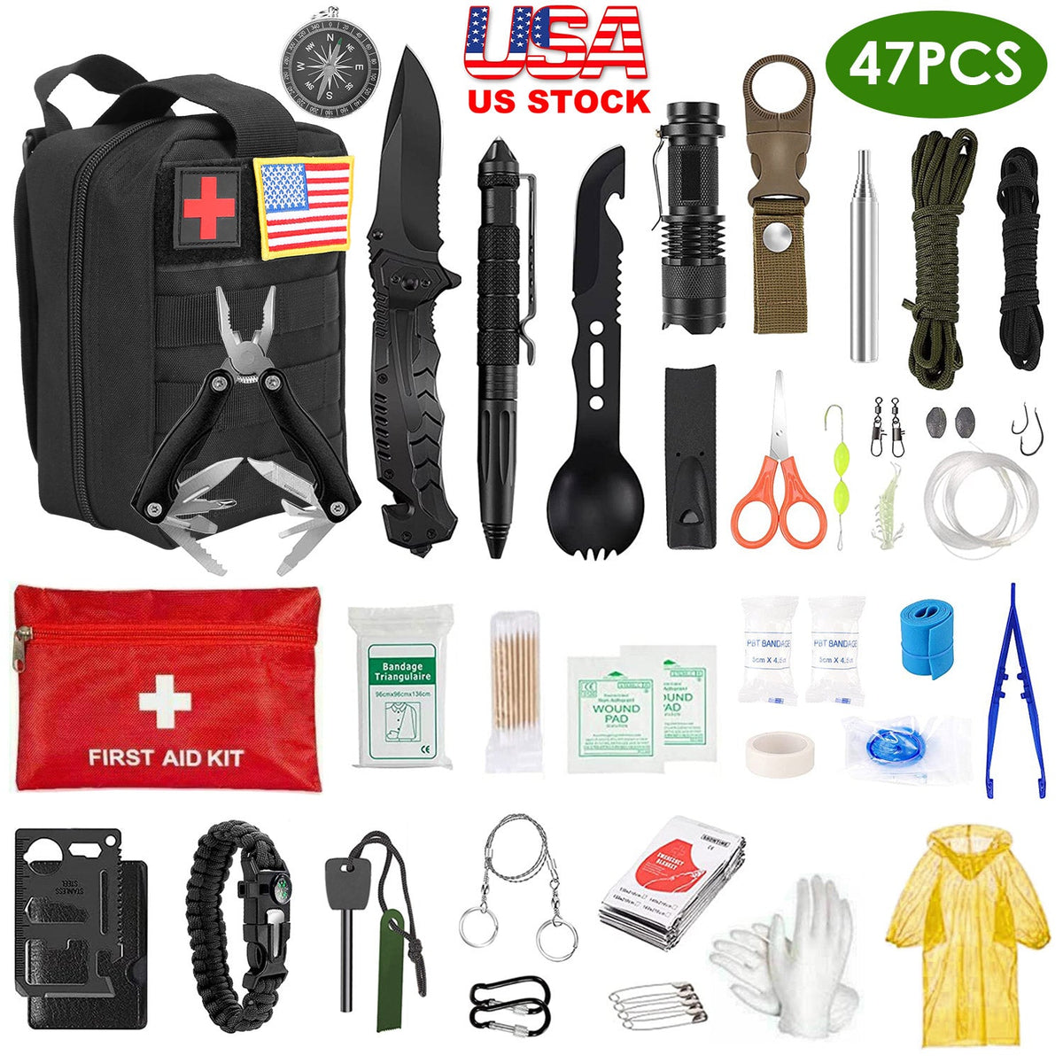 47 Piece Emergency Survival Kit EDC Tools First Aid Gear Pouch