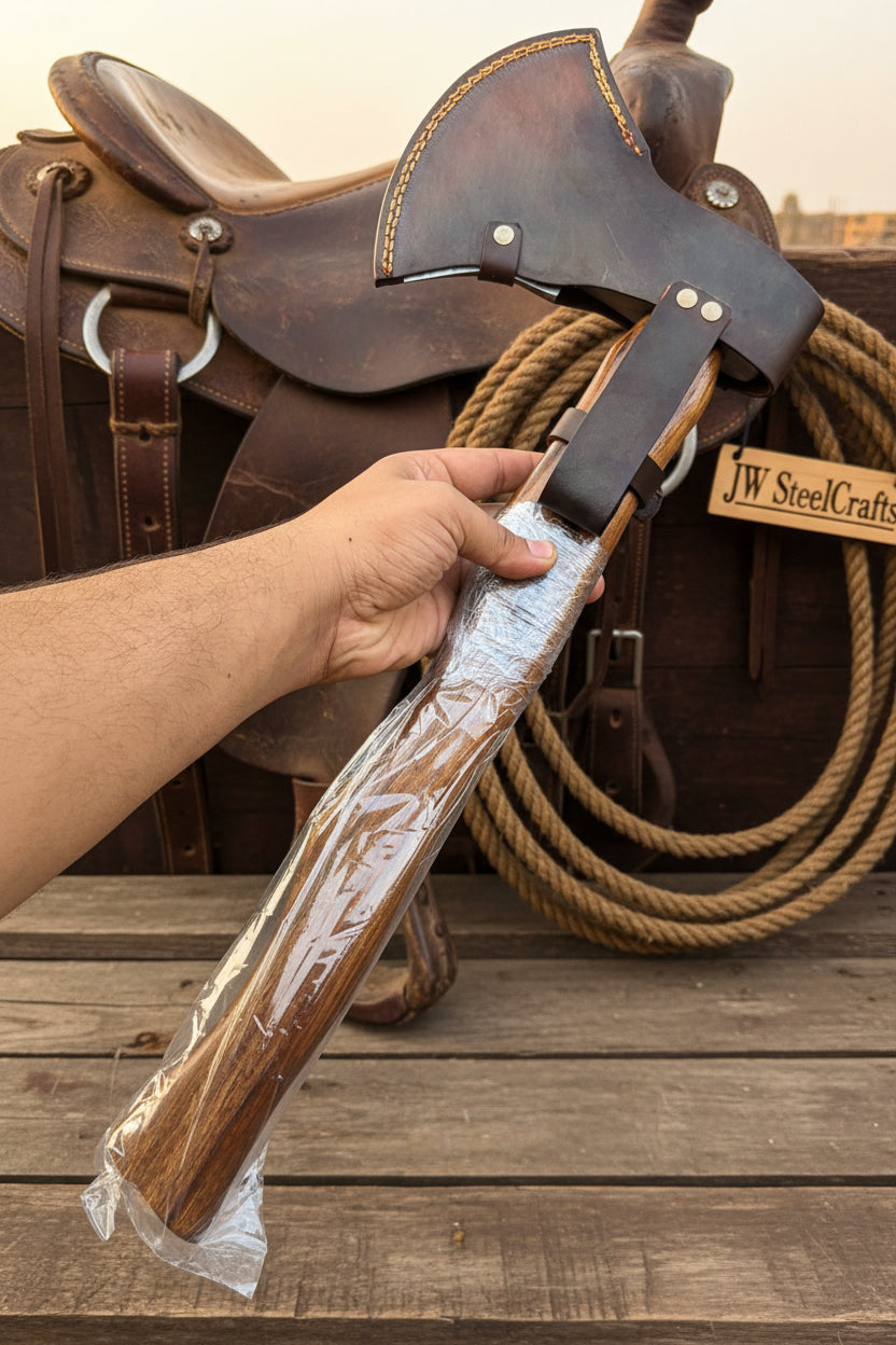 Hand-Forged Damascus Bearded Viking Camp Axe – Curved Hardwood Handle & Leather Sheath