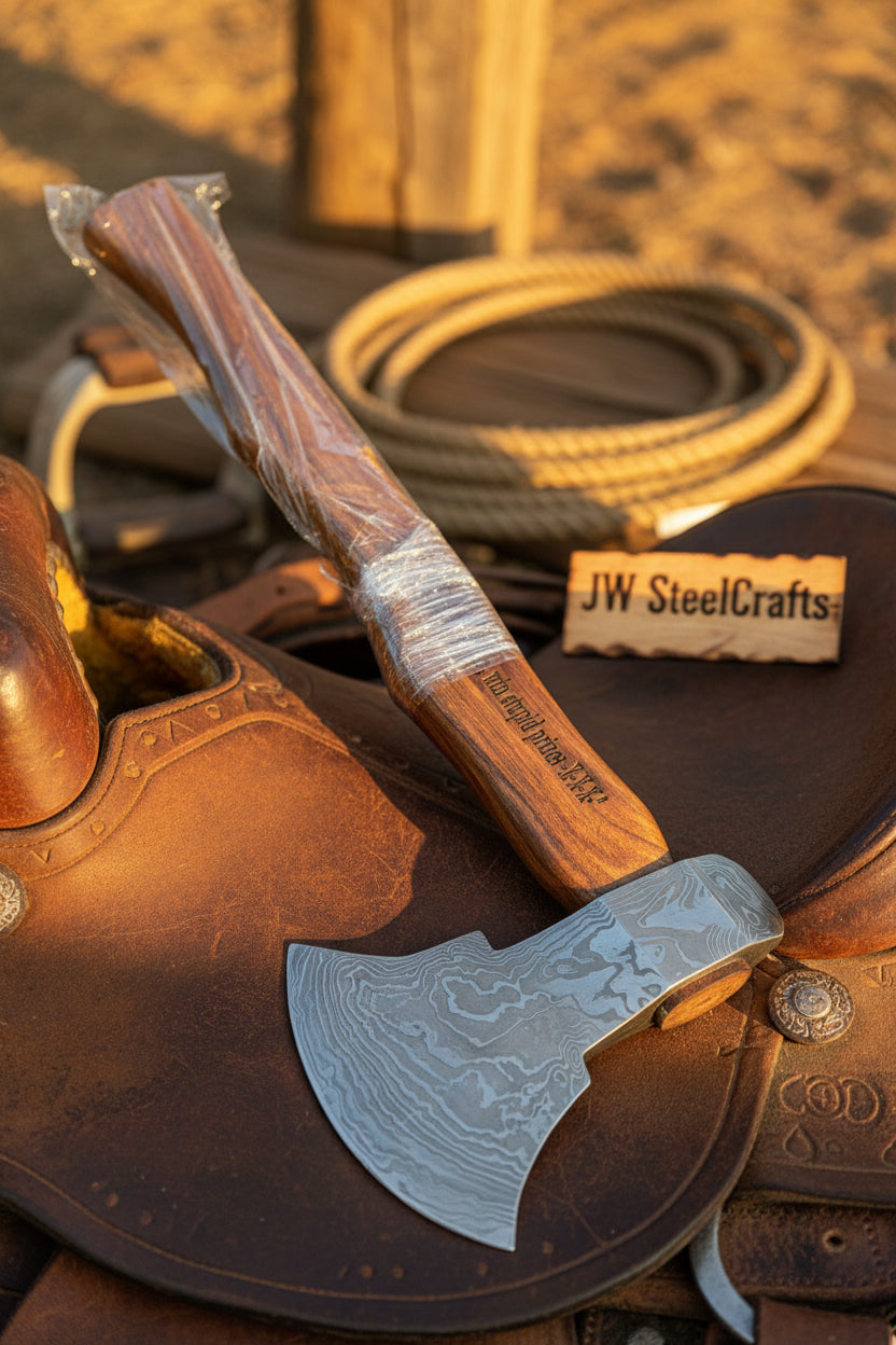 Hand-Forged Damascus Bearded Viking Camp Axe – Curved Hardwood Handle & Leather Sheath
