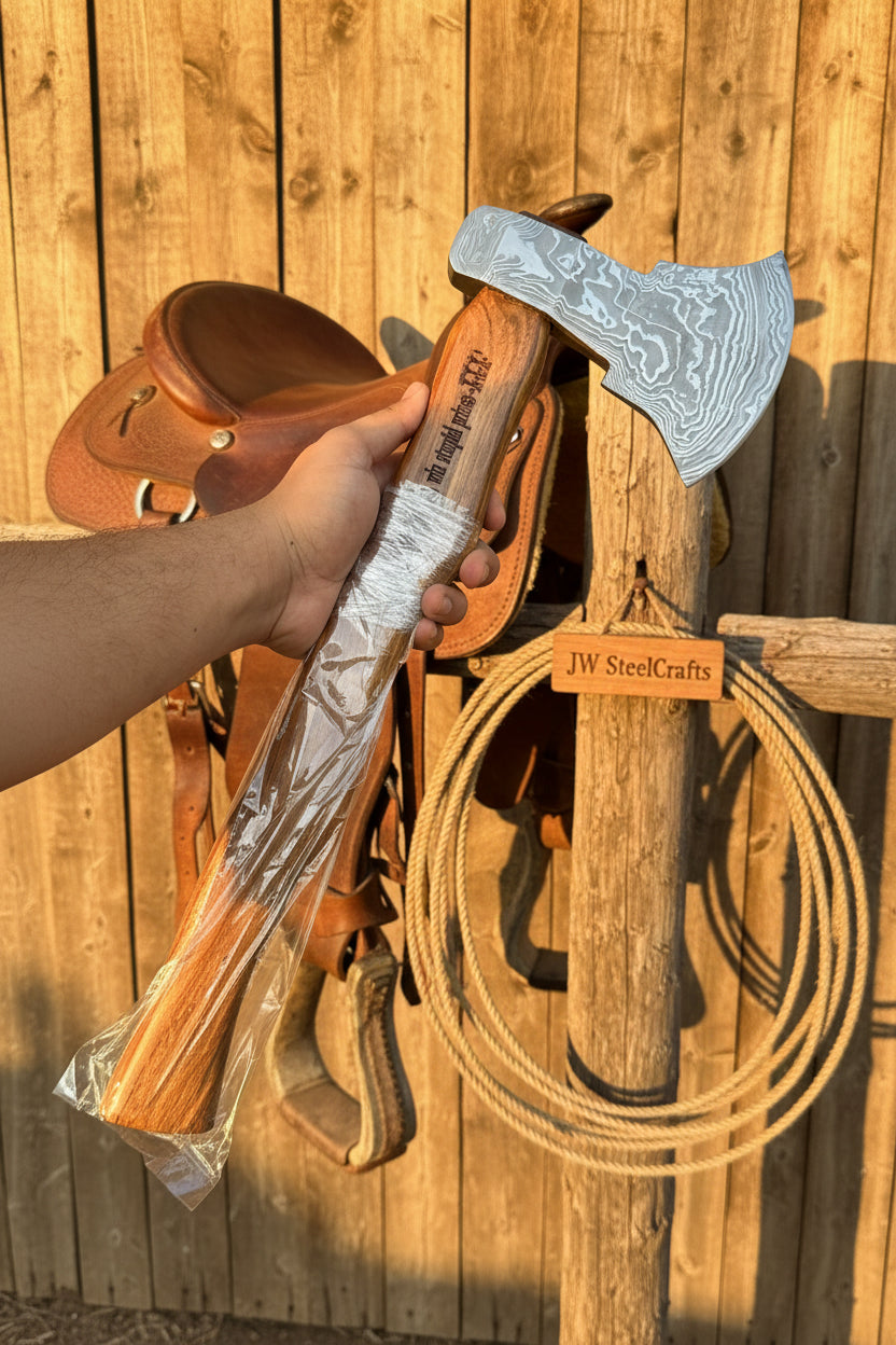 Hand-Forged Damascus Bearded Viking Camp Axe – Curved Hardwood Handle & Leather Sheath