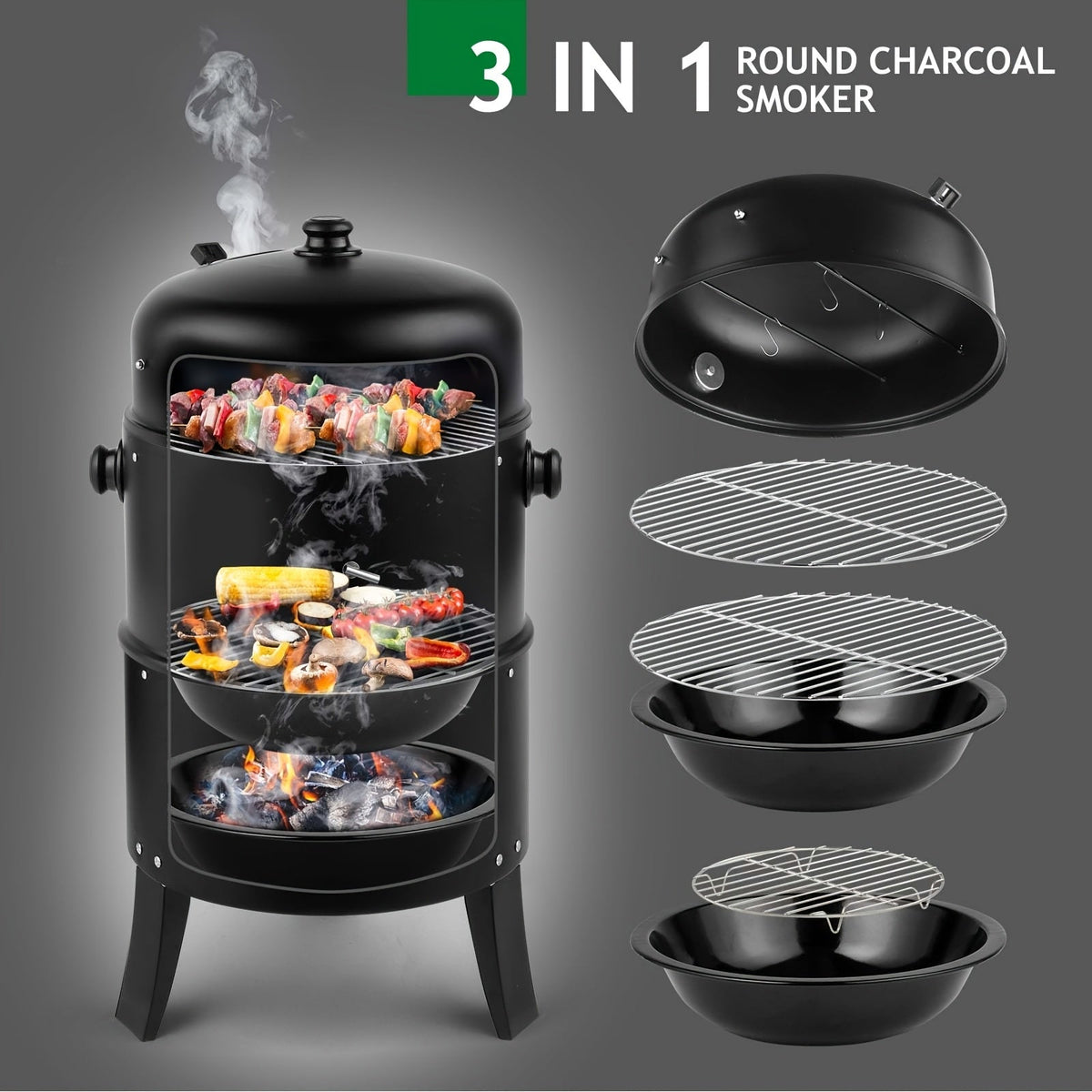 3-in-1 Portable Charcoal Smoker Grill with Thermometer – BBQ Grill, Smoker & Fire Pit