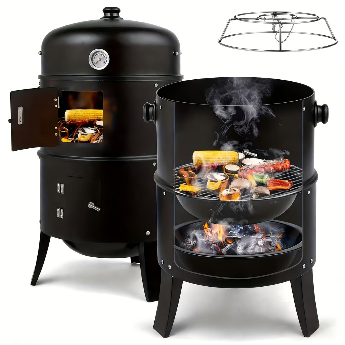 3-in-1 Portable Charcoal Smoker Grill with Thermometer – BBQ Grill, Smoker & Fire Pit