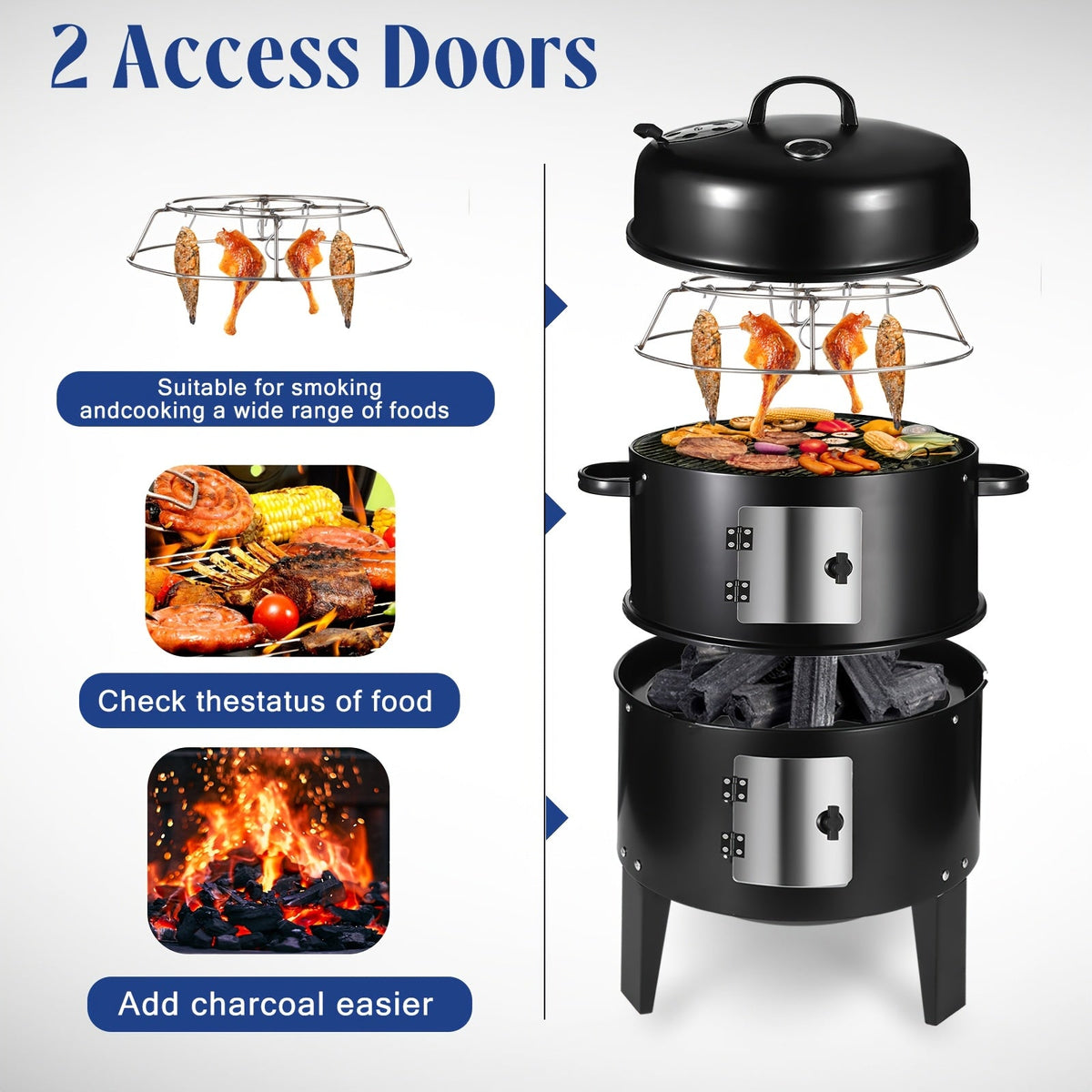 3-in-1 Portable Charcoal Smoker Grill with Thermometer – BBQ Grill, Smoker & Fire Pit