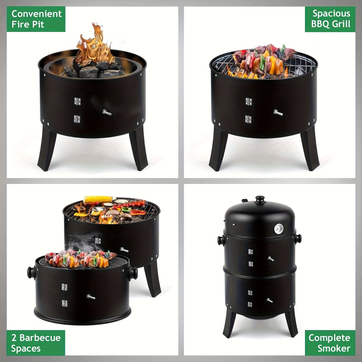 3-in-1 Portable Charcoal Smoker Grill with Thermometer – BBQ Grill, Smoker & Fire Pit