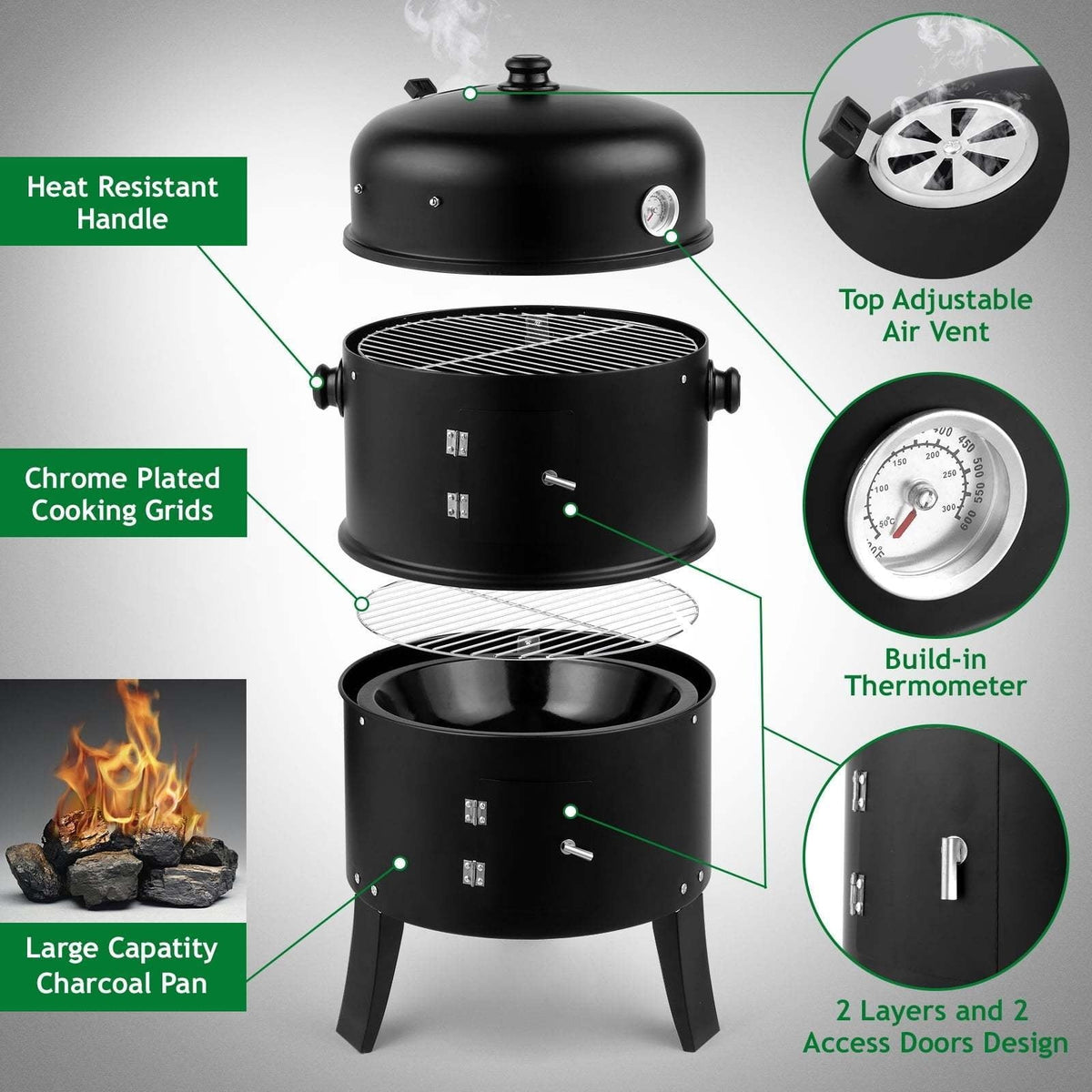 3-in-1 Portable Charcoal Smoker Grill with Thermometer – BBQ Grill, Smoker & Fire Pit