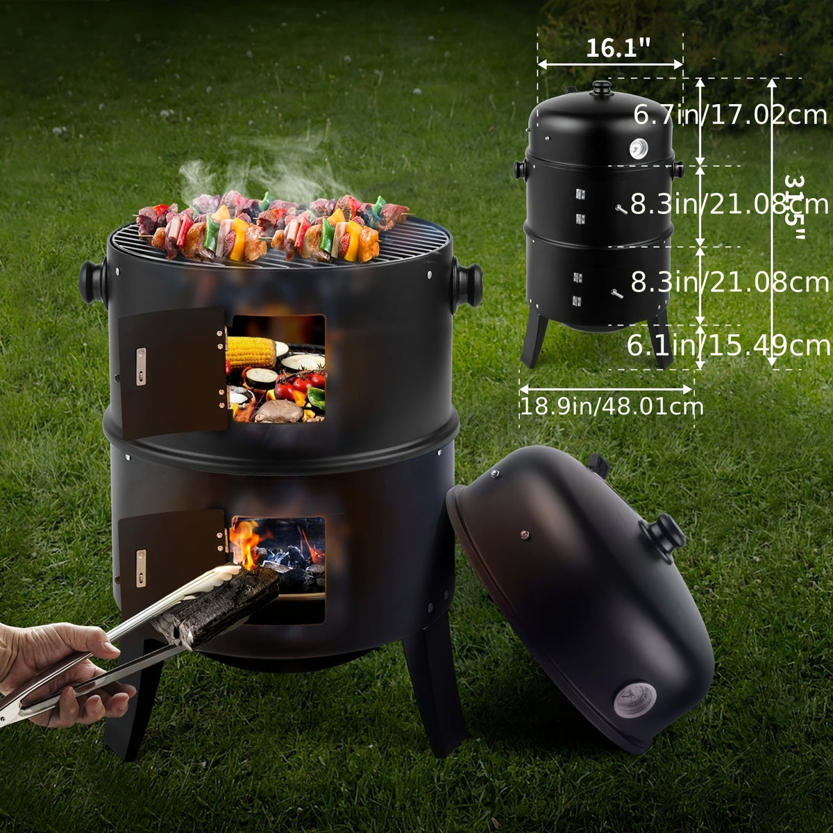 3-in-1 Portable Charcoal Smoker Grill with Thermometer – BBQ Grill, Smoker & Fire Pit