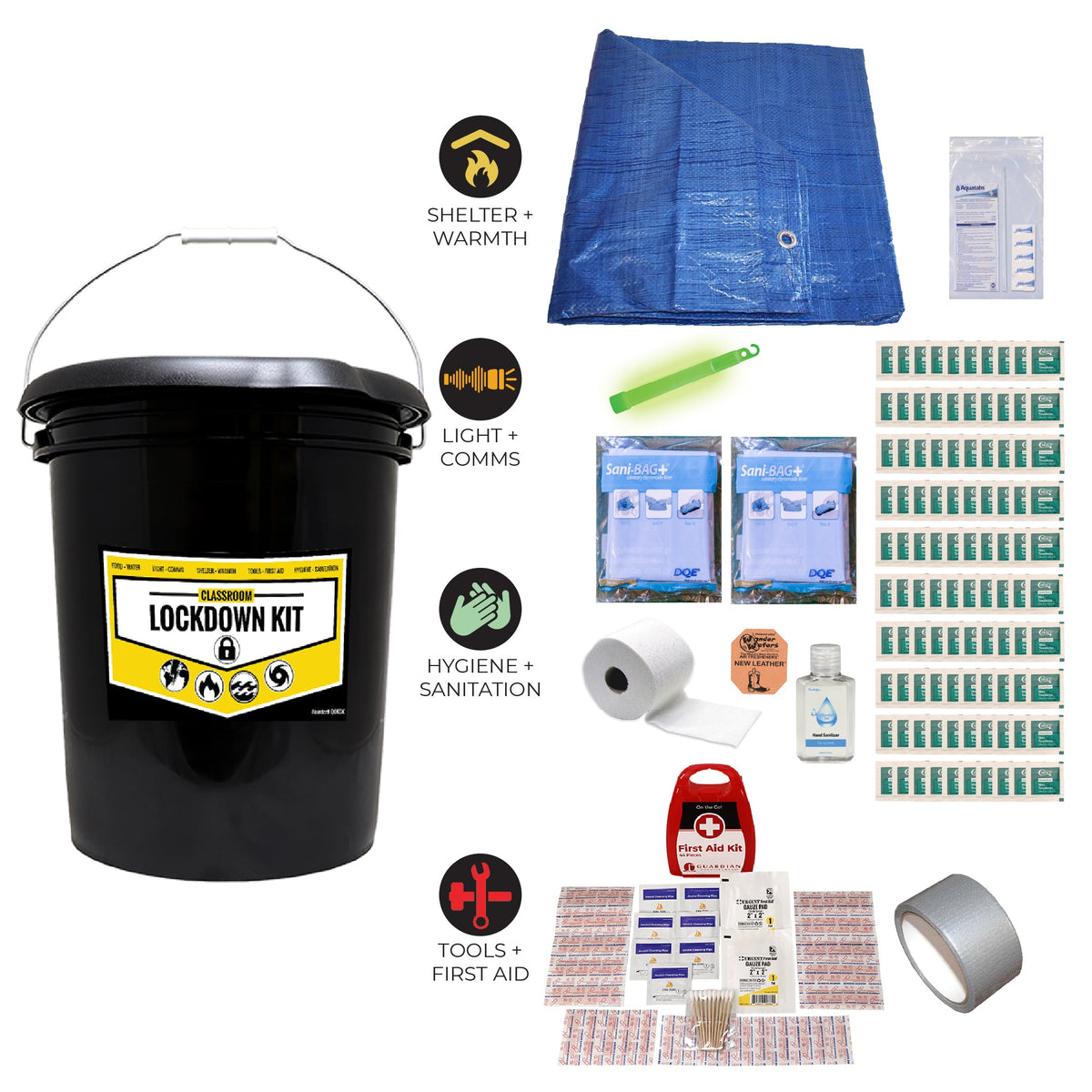 Quake Kits Emergency Classroom Lockdown Kit – School Sanitation, First Aid & Emergency Toilet Bucket