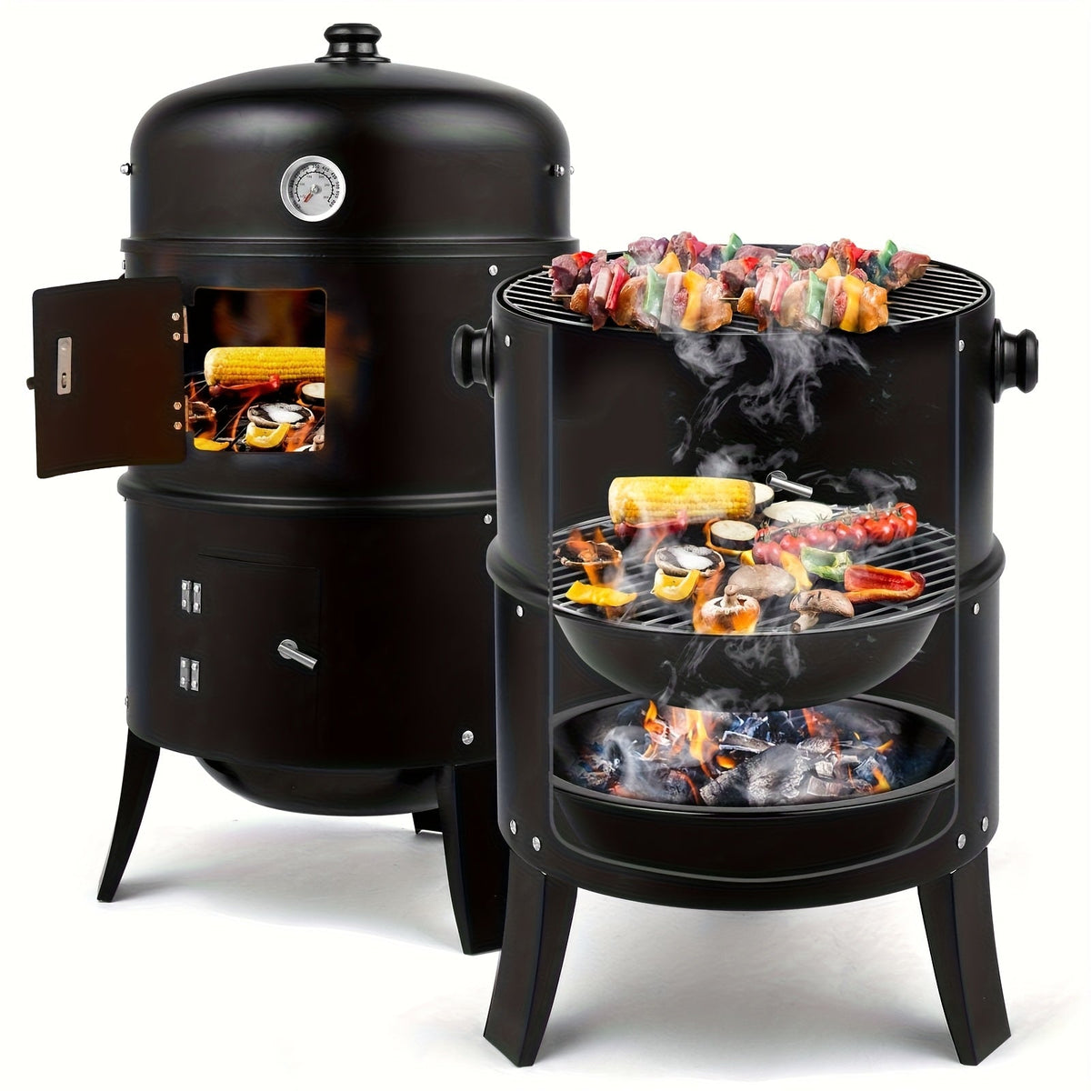 3-in-1 Portable Charcoal Smoker Grill with Thermometer – BBQ Grill, Smoker & Fire Pit