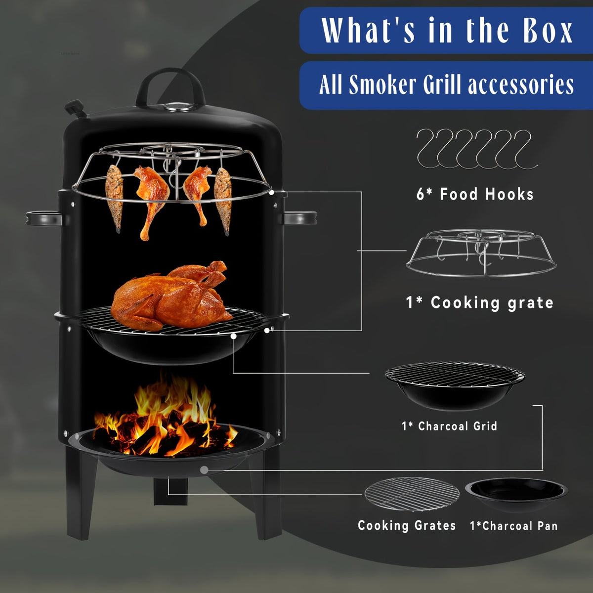3-in-1 Portable Charcoal Smoker Grill with Thermometer – BBQ Grill, Smoker & Fire Pit