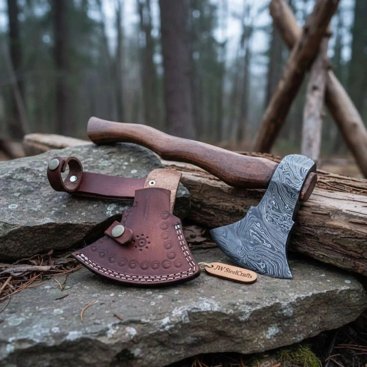 Hand-Forged Damascus Bearded Viking Camp Axe – Curved Hardwood Handle & Leather Sheath