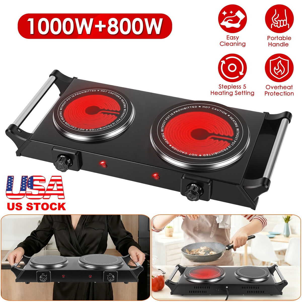 1800W Portable Double Burner Electric Hot Plate – Compact 2-Burner Cooktop for RV, Camping & Small Spaces