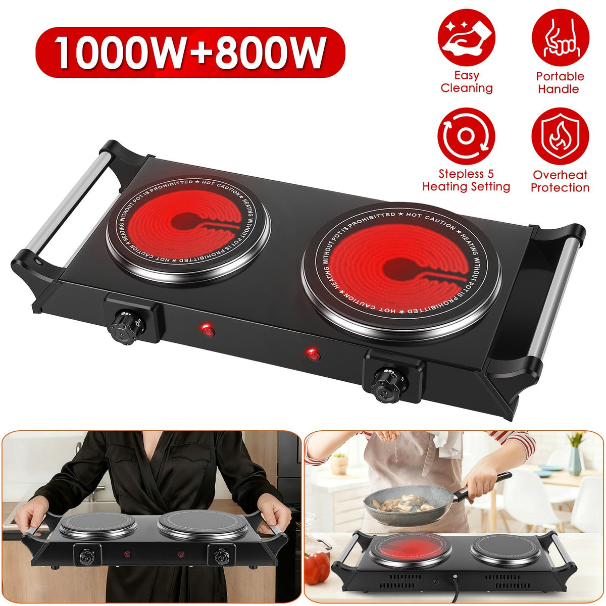 1800W Portable Double Burner Electric Hot Plate – Compact 2-Burner Cooktop for RV, Camping & Small Spaces