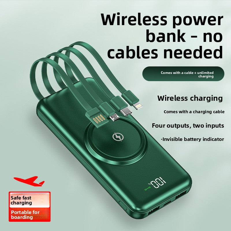 Compact Power Bank With Built In Cables And 10000 Mah Wireless Charging