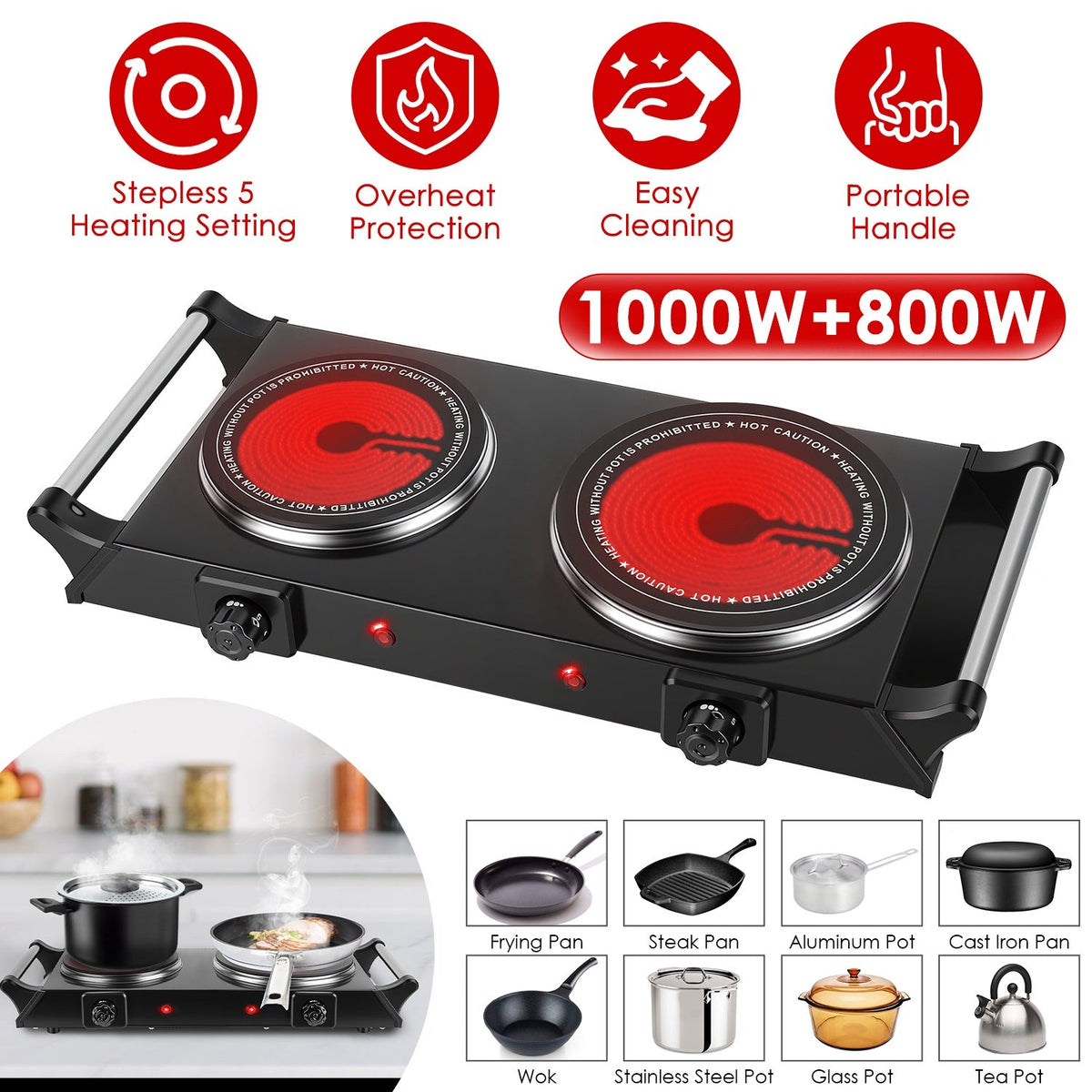 1800W Portable Double Burner Electric Hot Plate – Compact 2-Burner Cooktop for RV, Camping & Small Spaces