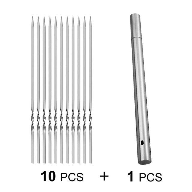 15-Piece Stainless Steel BBQ Skewers – Reusable Flat Kebab Sticks with Storage Tube