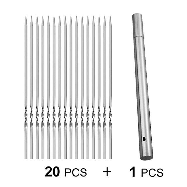 15-Piece Stainless Steel BBQ Skewers – Reusable Flat Kebab Sticks with Storage Tube